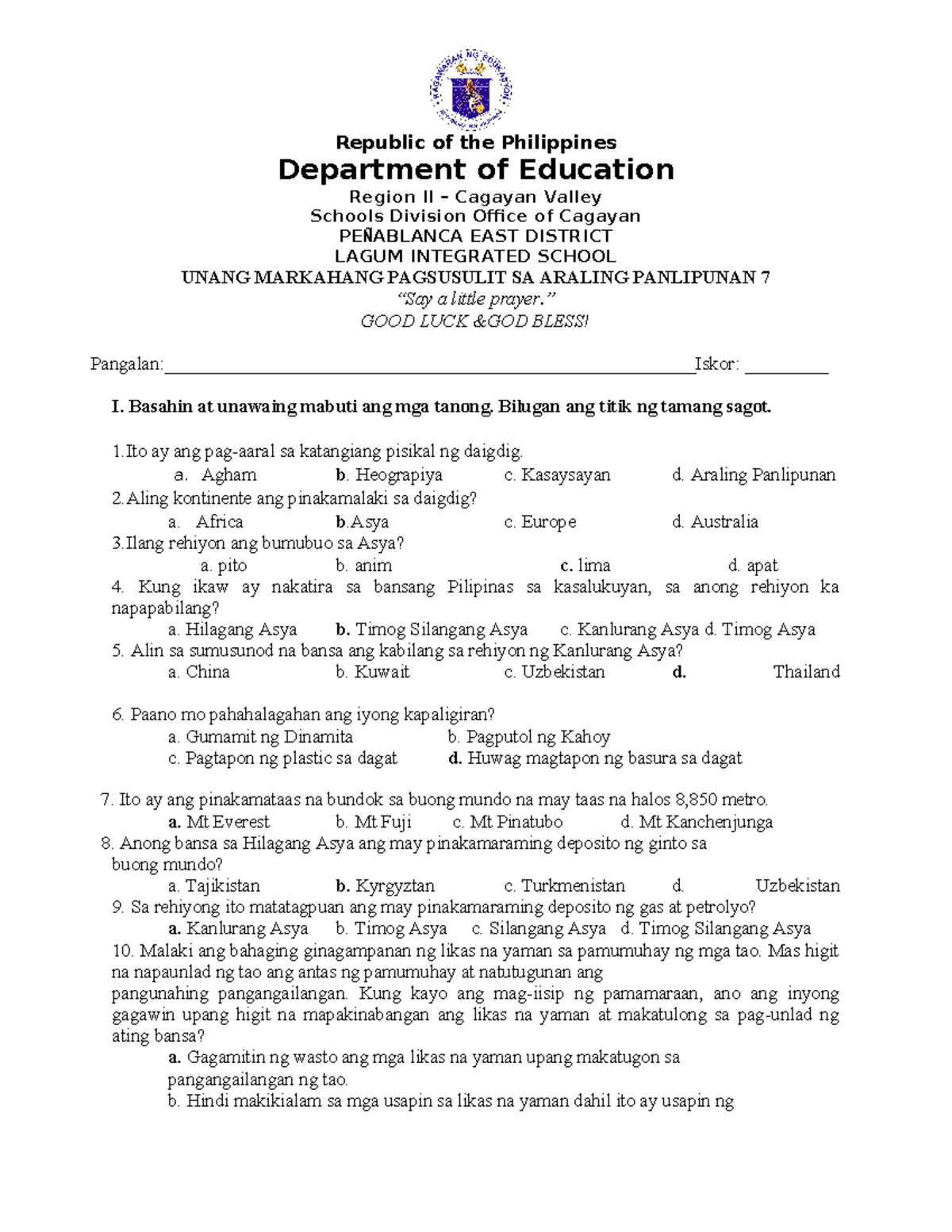 TEST Question WITH Answer PT - Republic of the Philippines Department ...