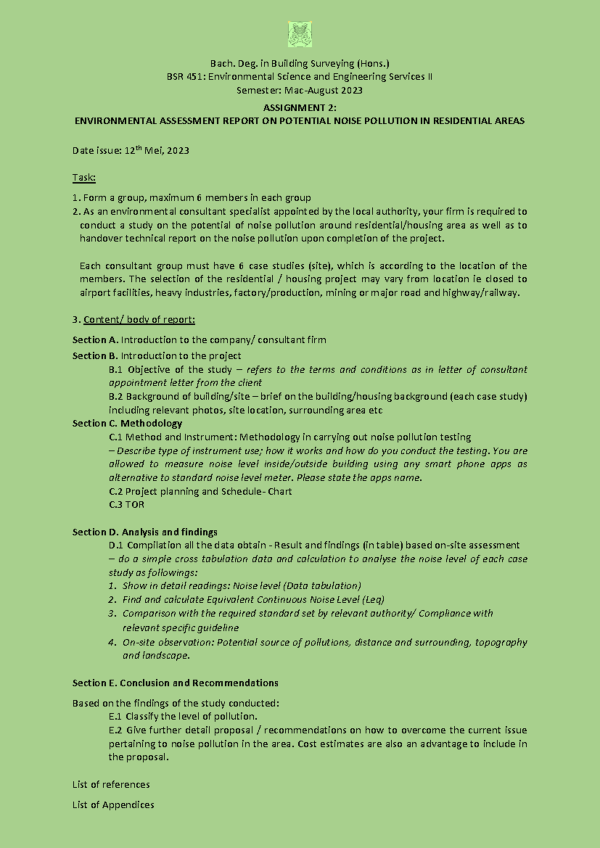 BSR 451: Assignment 2 - Noise Pollution Assessment in Residential Areas ...
