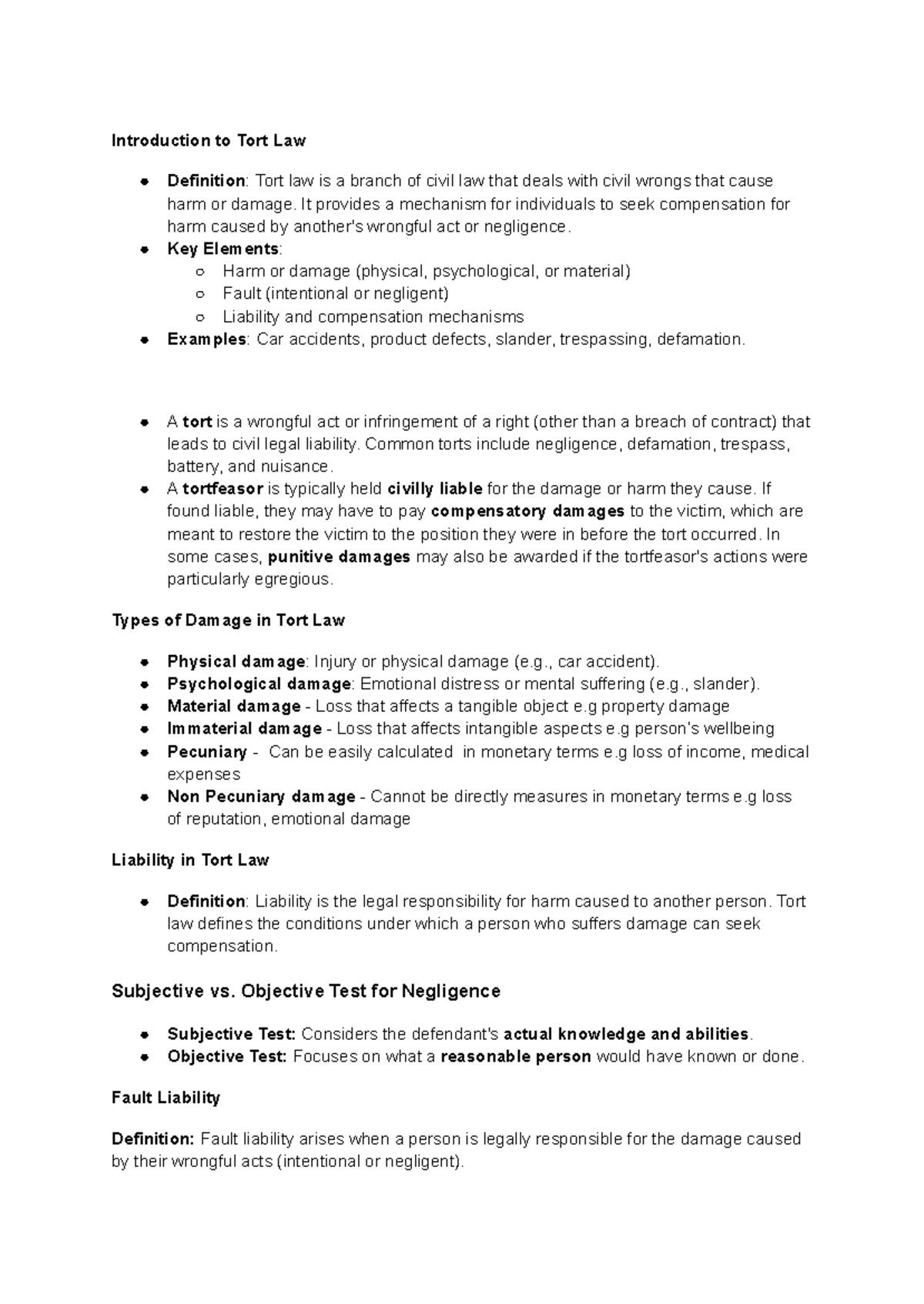 Tort Law Exam Notes (LAW 101): Key Concepts and Liability Analysis ...