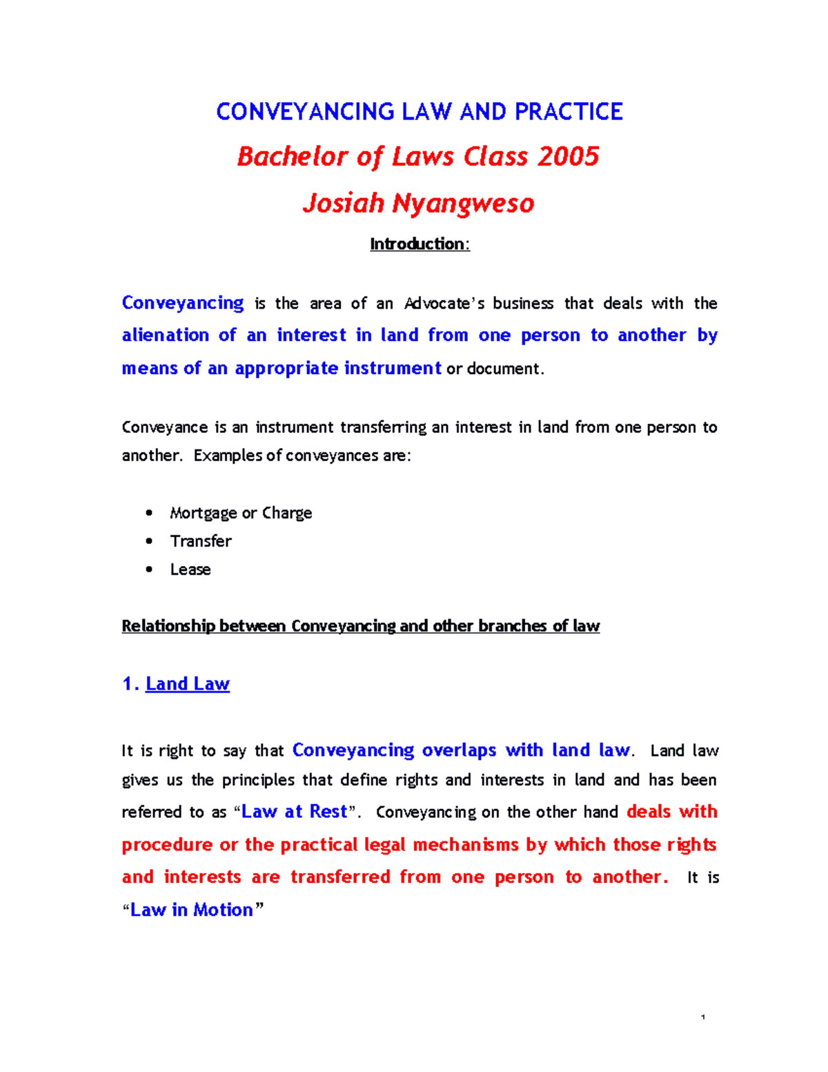 Conveyancing Law Lecture Notes: Overview of Concept & Practices - Studocu