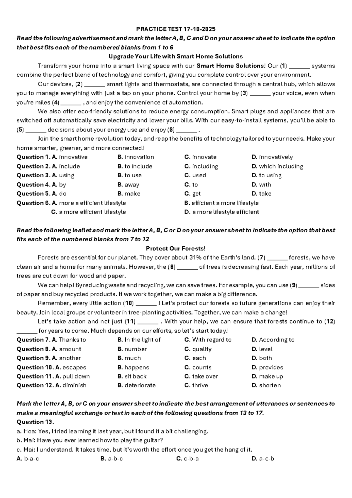 Practice Test for Smart Home Solutions & Environmental Awareness - Studocu