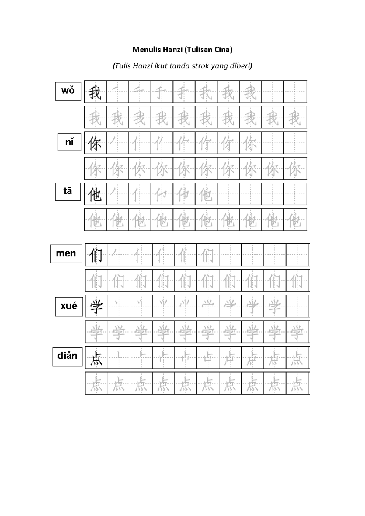 Hanzi 6 - practice - Mandarin - Menulis Hanzi (Tulisan Cina) (Tulis ...