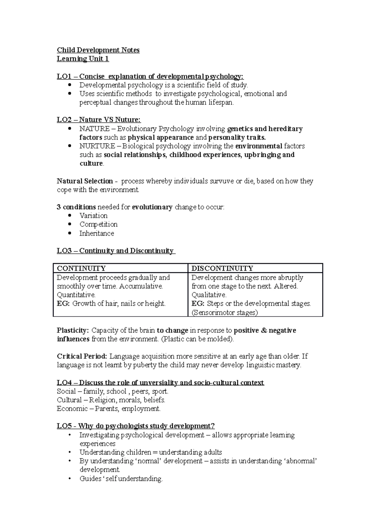 Child Development Notes - Child Development Notes Learning Unit 1 LO1 ...