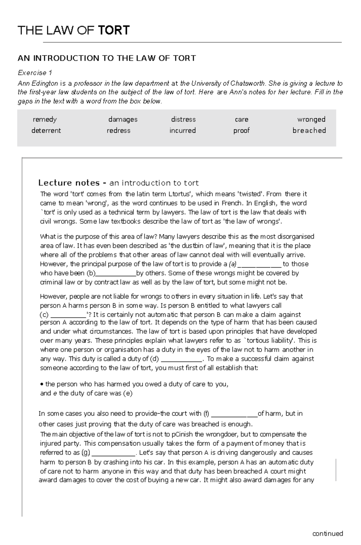 Tort Law 5B - Lecture Notes on Civil Wrongs and Tortious Liability ...