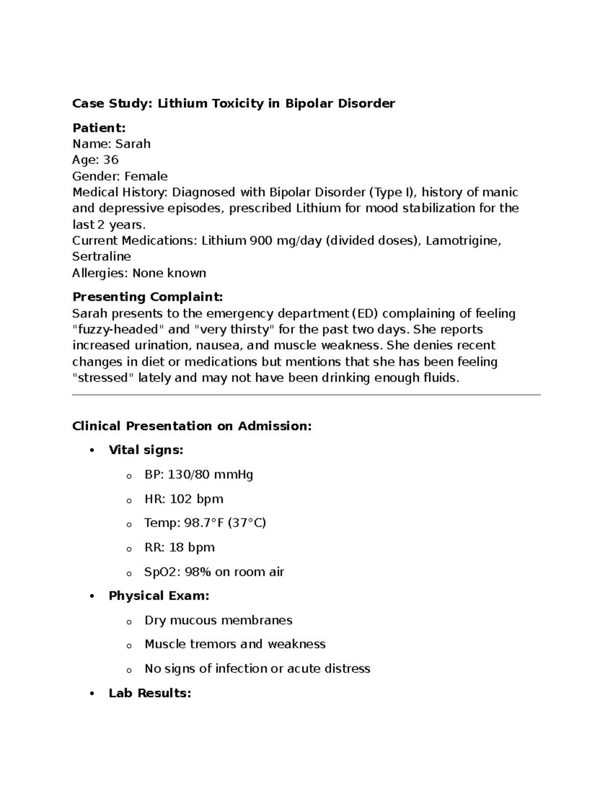 Case study- mental health - Case Study: Lithium Toxicity in Bipolar ...