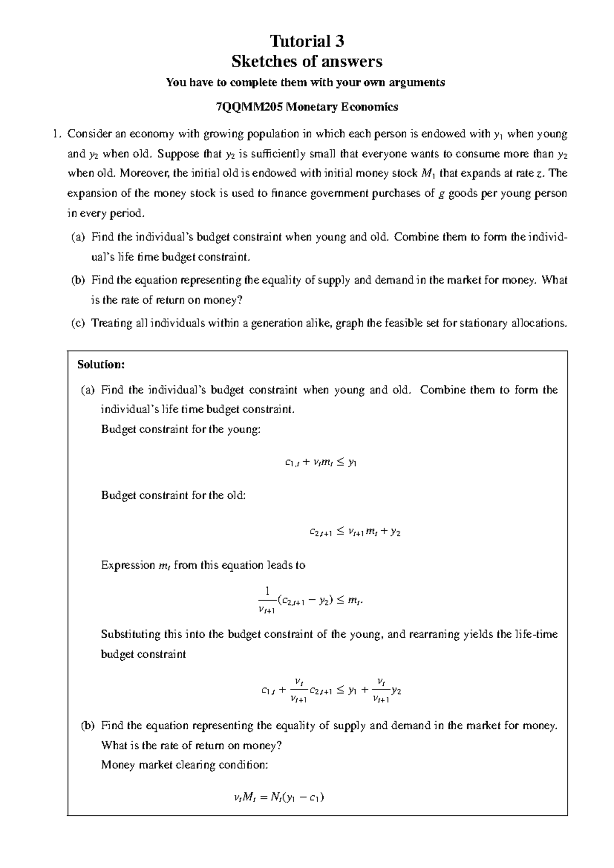 7QQMM205 Monetary Economics Tutorial 3 Solutions and Sketches - Studocu