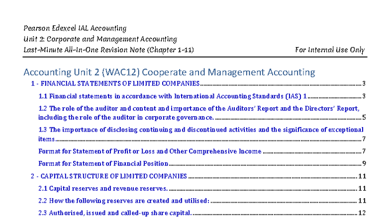 Pearson Edexcel IAL Accounting Unit 2: Corporate & Management ...