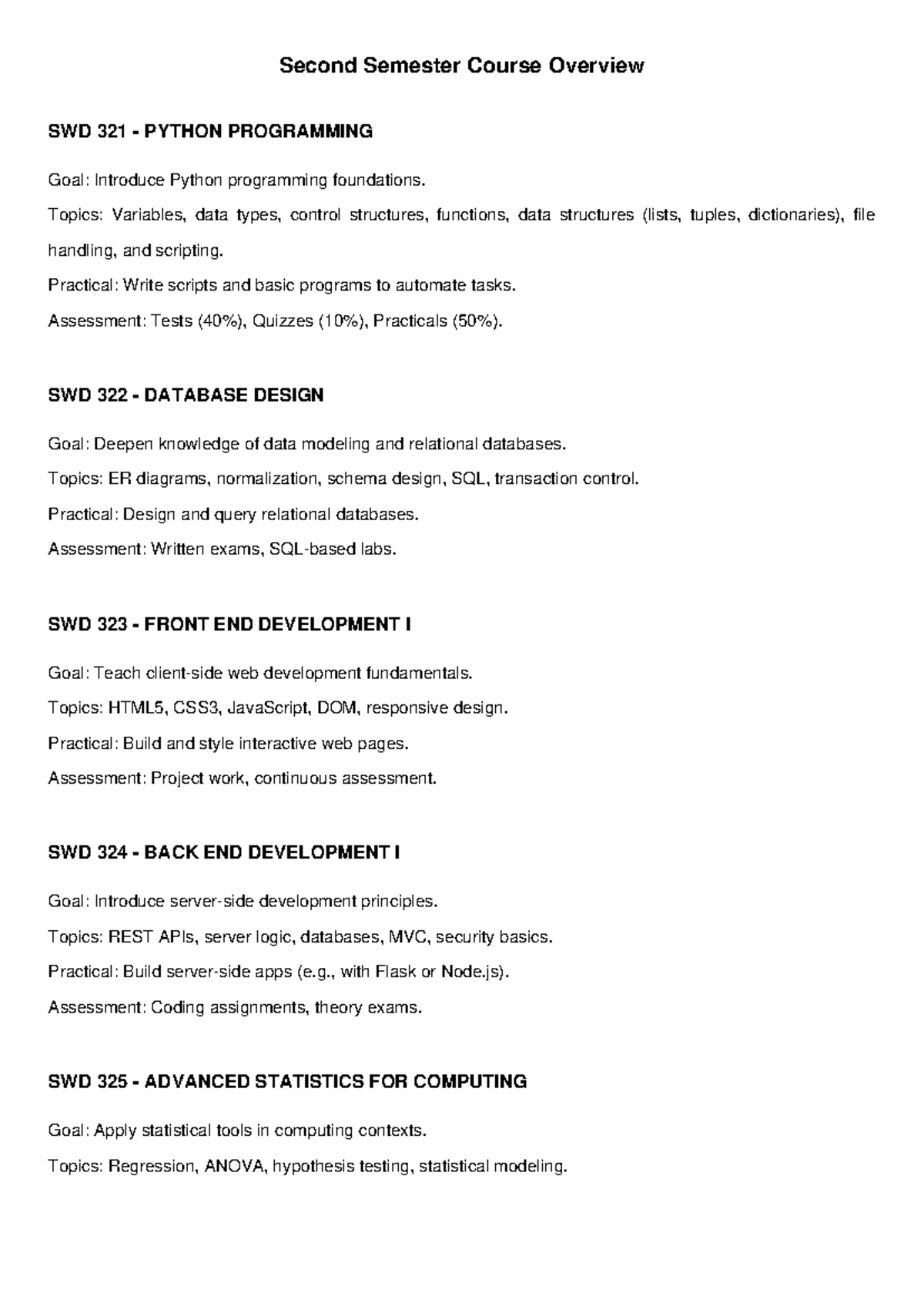 Second semester course overview swd 321 325 programming design studocu