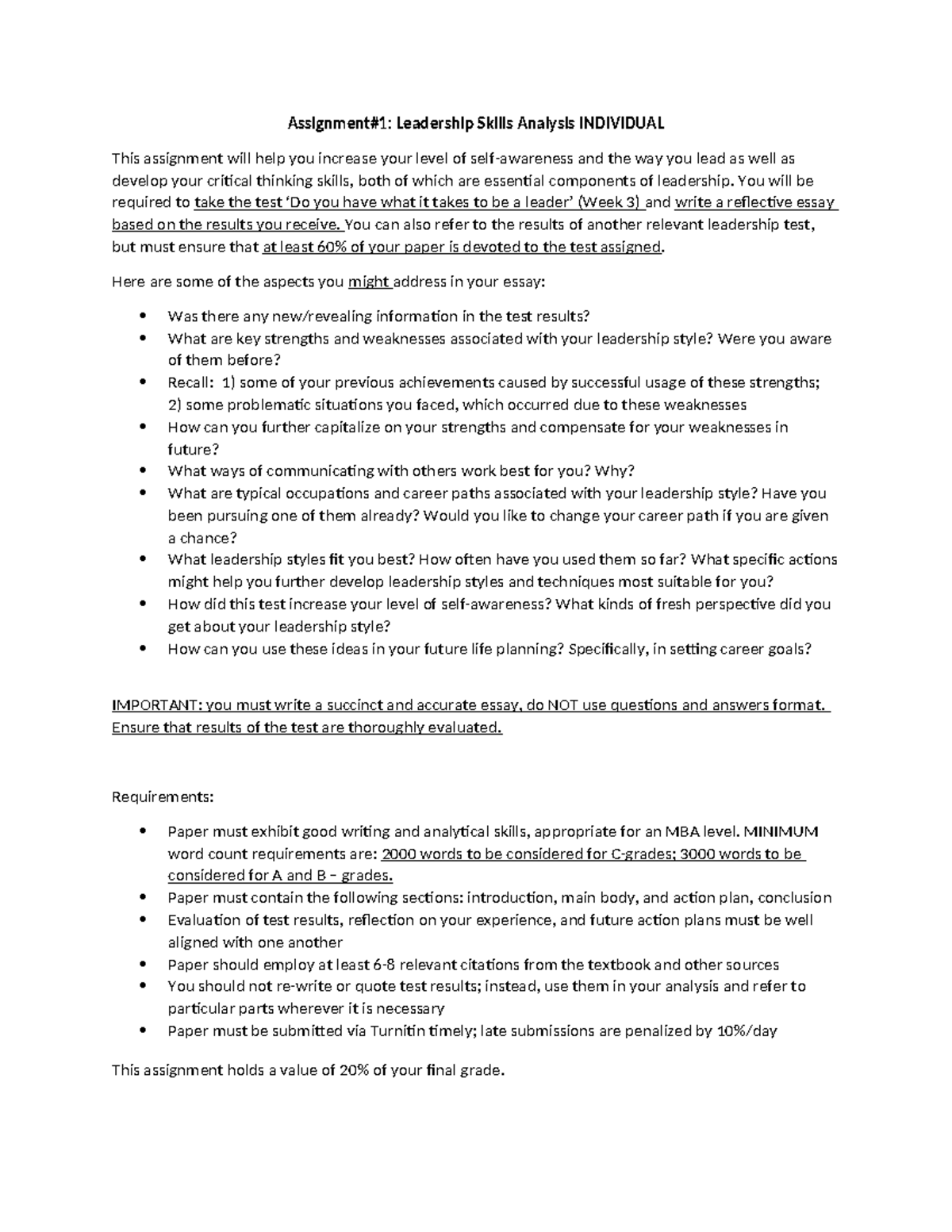 Leadership Skills Analysis Assignment #1: Reflective Essay Guide - Studocu