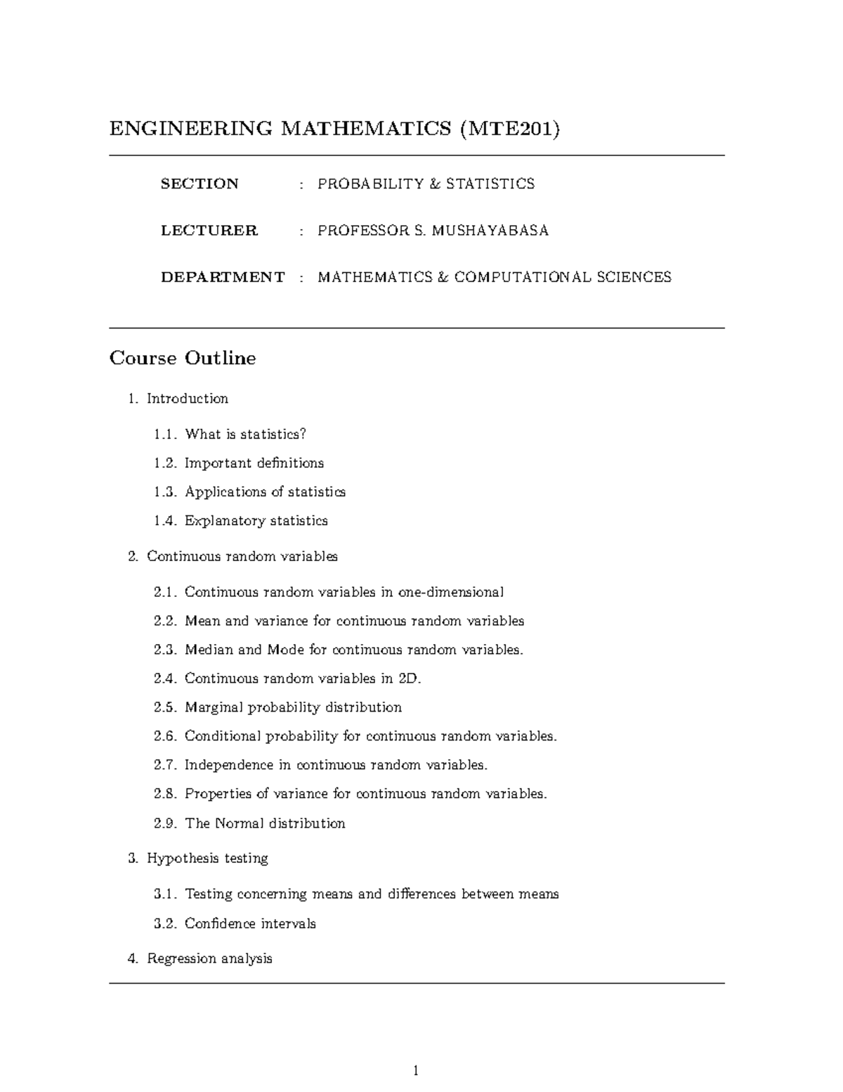 MTE201 Engineering Mathematics: Probability & Statistics Overview - Studocu