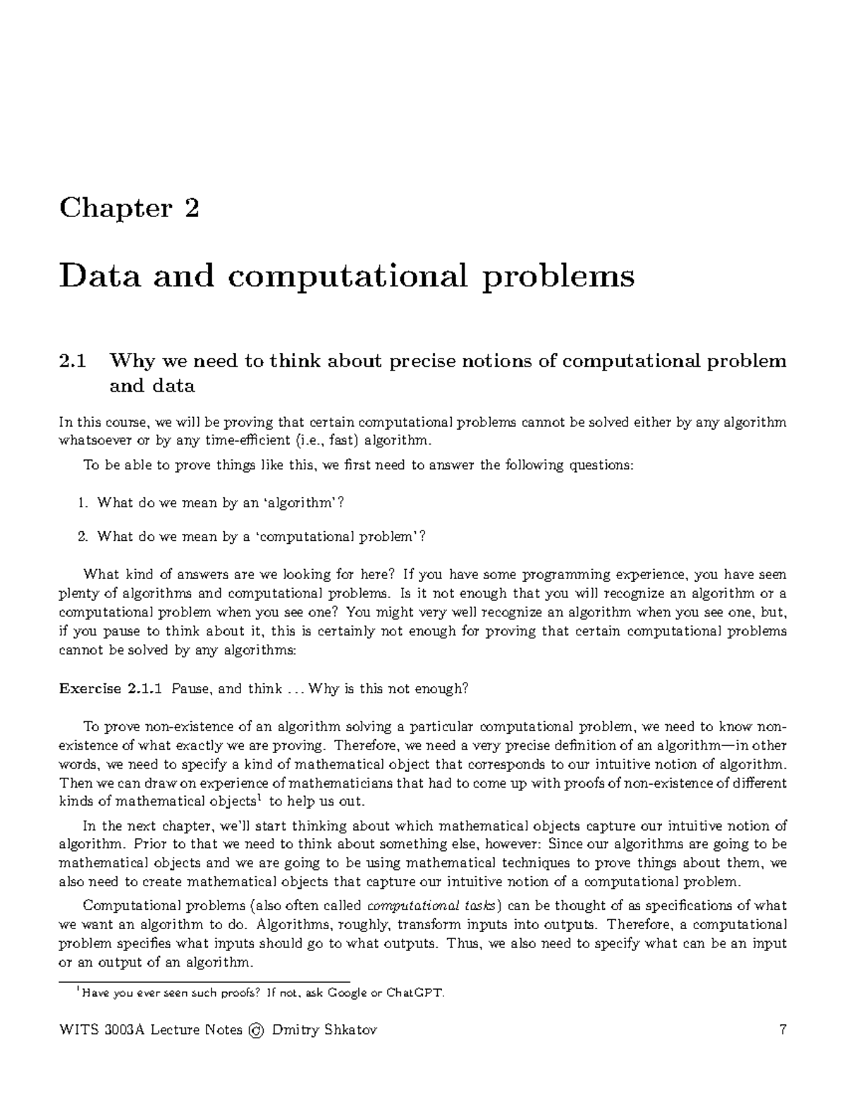 WITS 3003A Lecture Notes: Chapter 2 - Data and Computational Problems ...