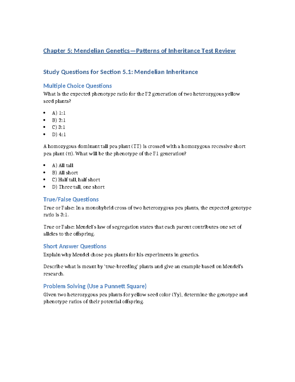 Ch5 Review Questions: Mendelian Genetics & Inheritance Patterns - Studocu