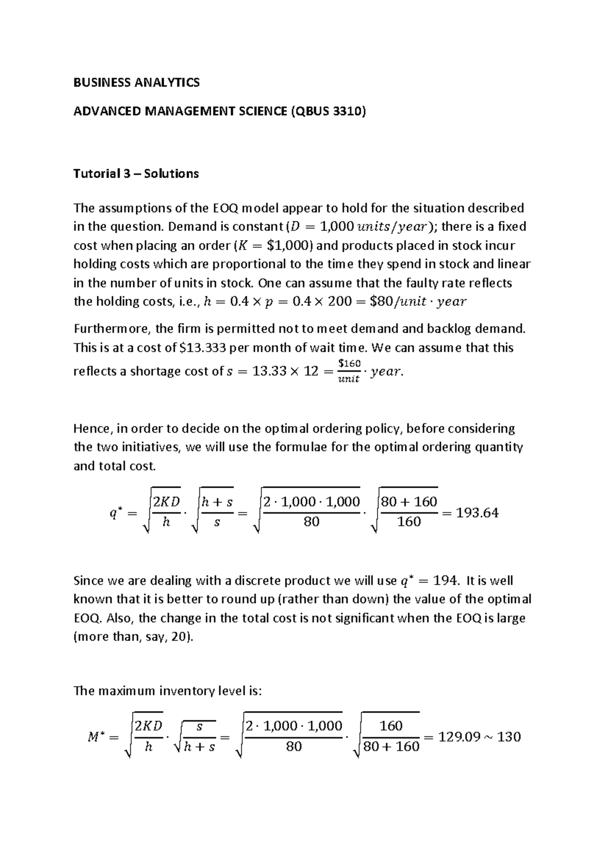 Tutorial+3+Solutions - BUSINESS ANALYTICS ADVANCED MANAGEMENT SCIENCE ...