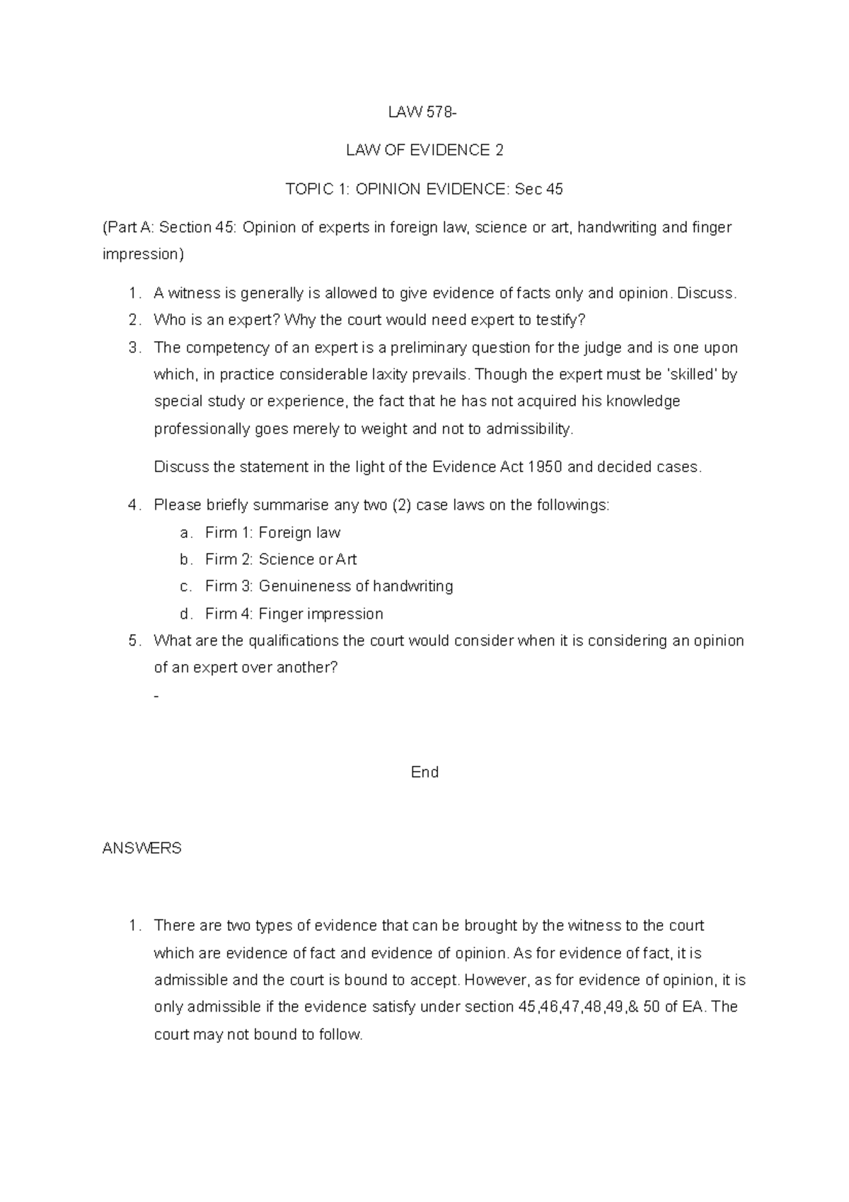 LAW 578 - Tutorial 1: Opinion Evidence Sec 45 Review and Analysis - Studocu