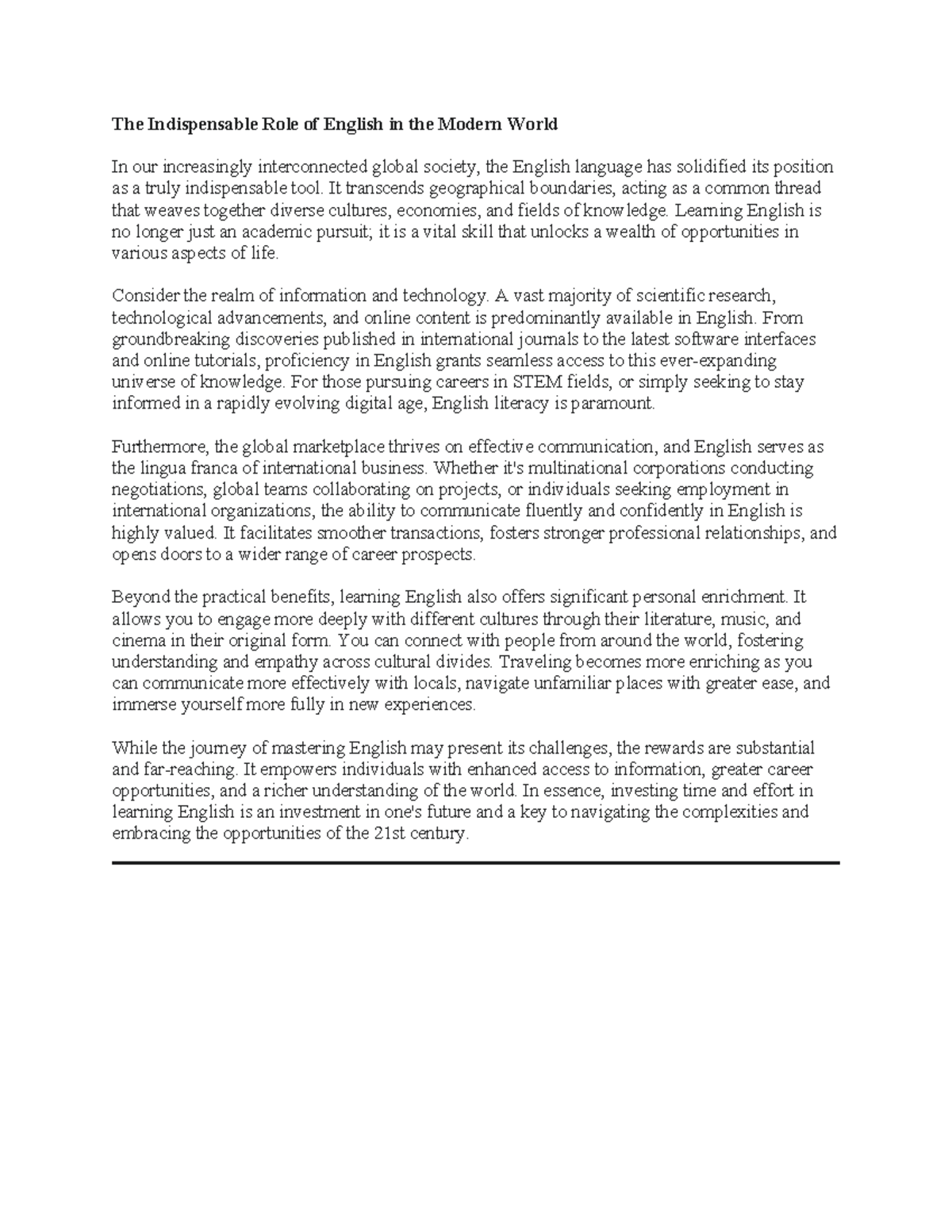 The Essential Role of English in Today's Global Society - Studocu