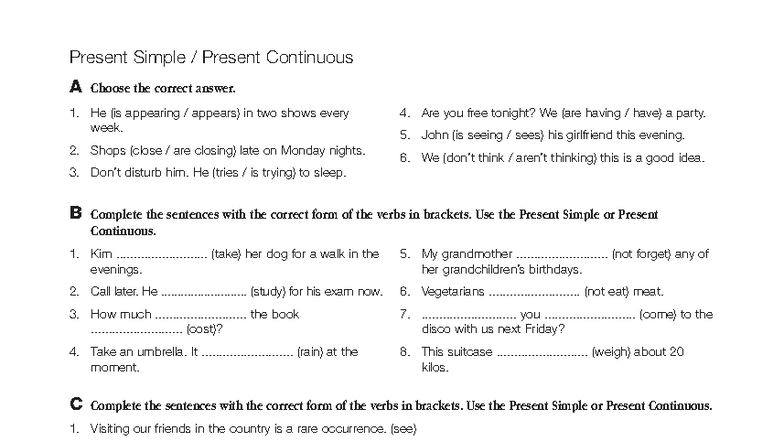 Present Simple & Present Continuous Exercises 9º Ano - Studocu