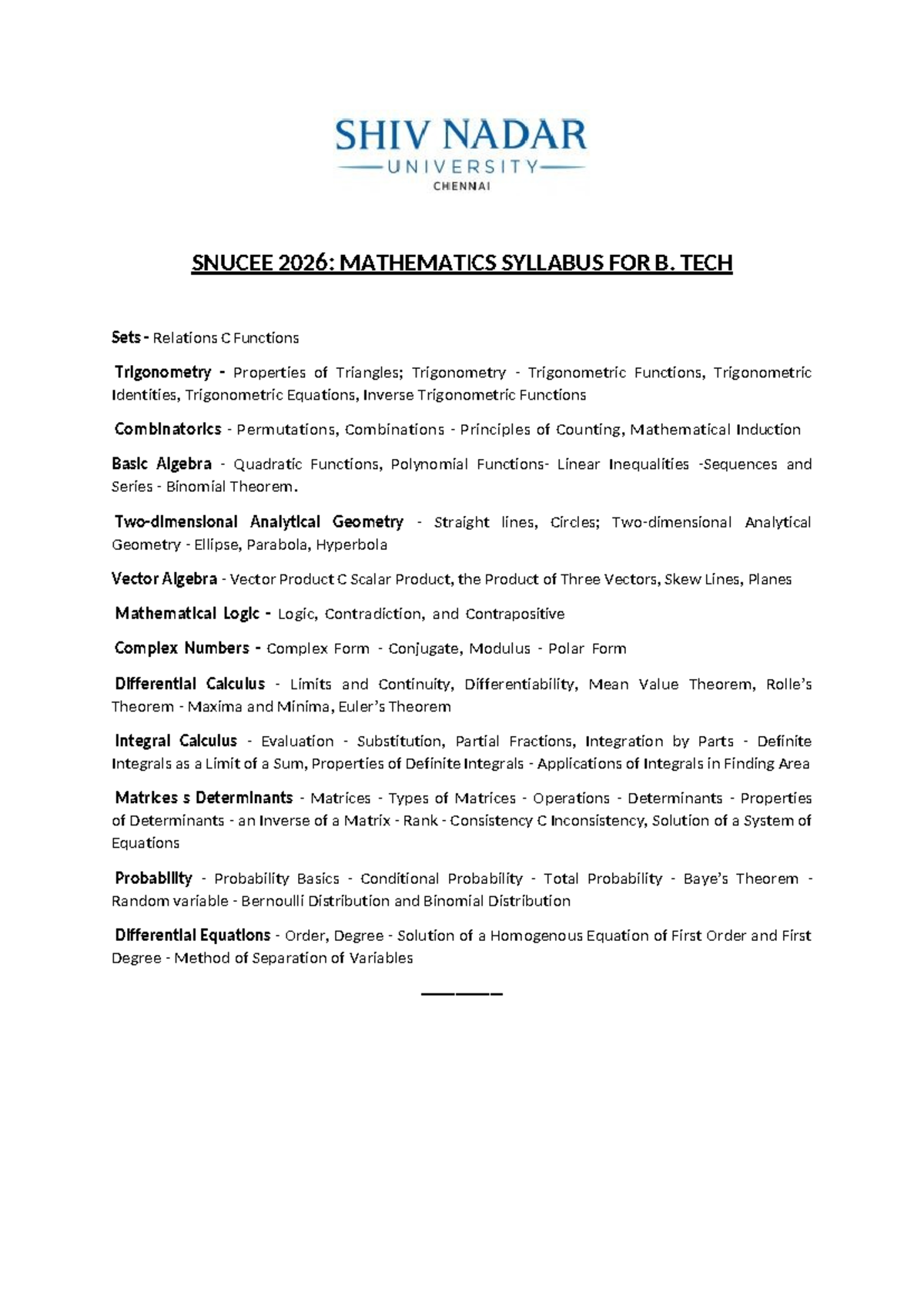 SNUCEE 2026: B. Tech Mathematics Syllabus Overview - Studocu