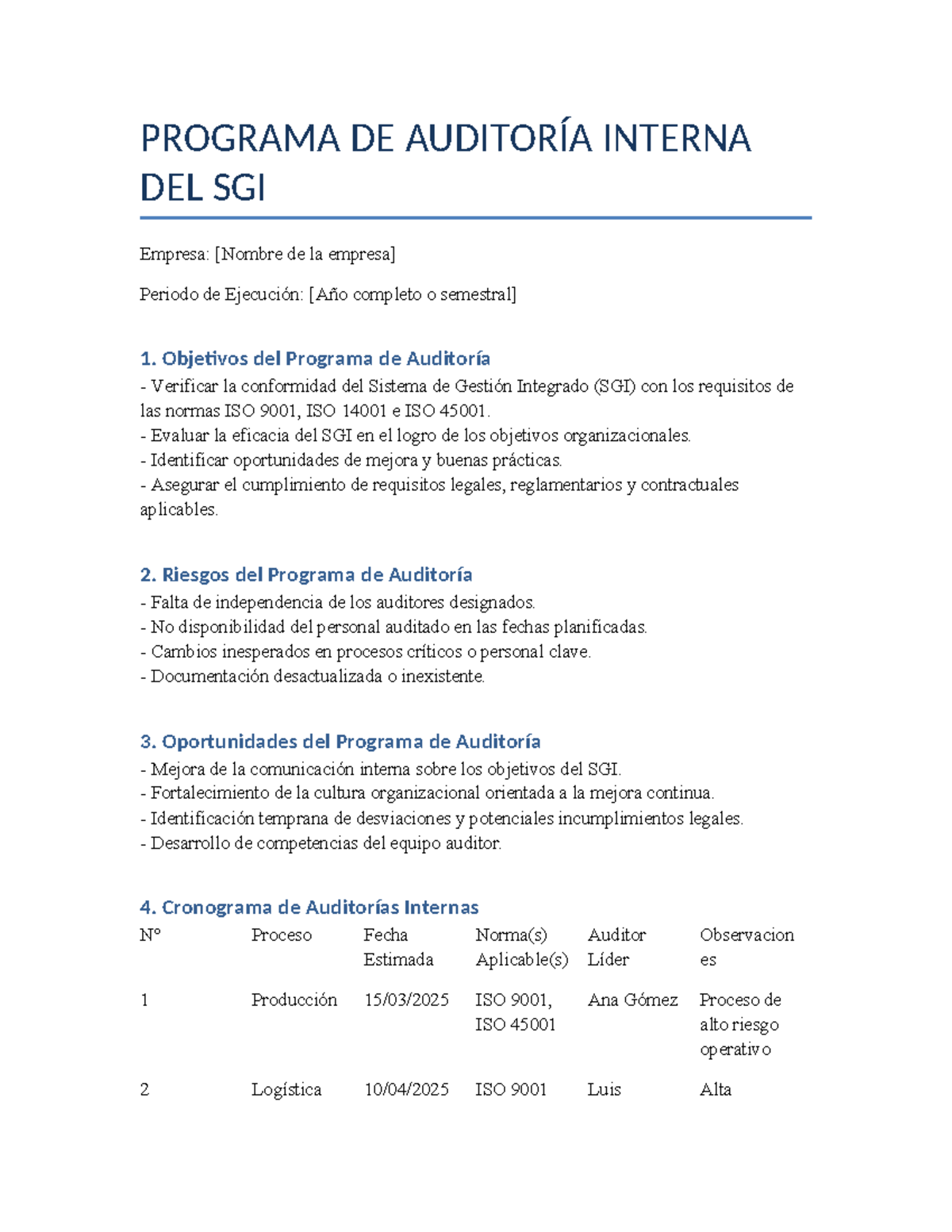 Programa de Auditoría Interna SGI Completo: ISO 9001, 14001, 45001 ...