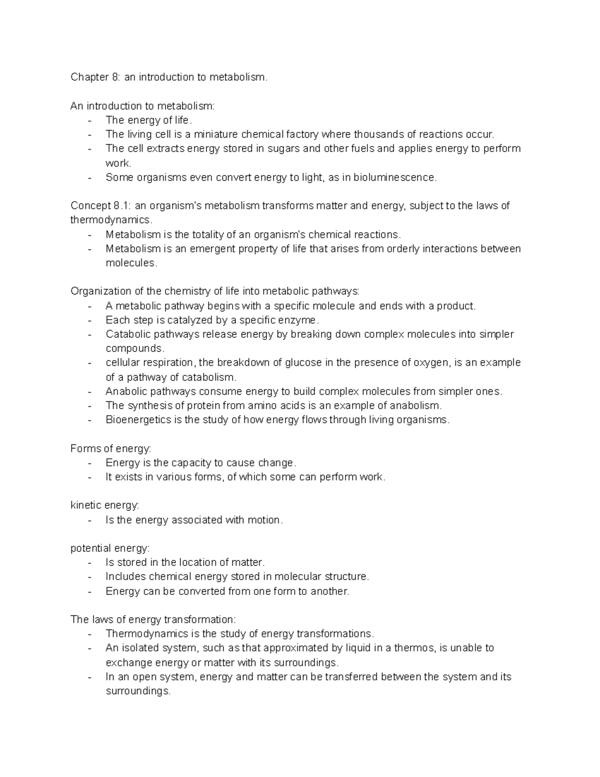 Chapter 8 BIO lecture - Chapter 8: an introduction to metabolism. An ...