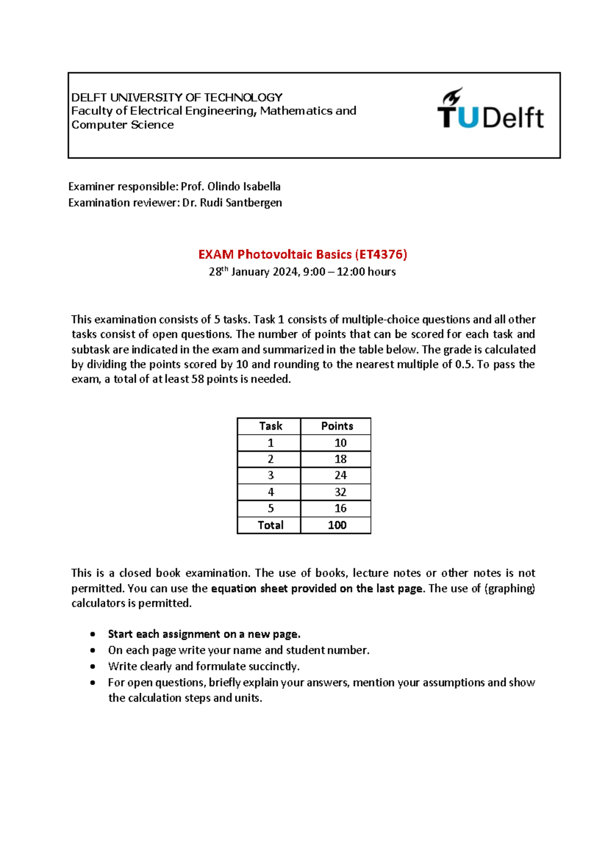 Solar Exam 2024: Photovoltaic Basics (ET4376) - Studeersnel