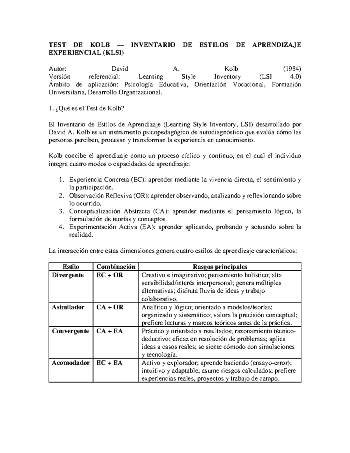 TEST DE KOLB (KLSI) - Inventario de Estilos de Aprendizaje - Studocu