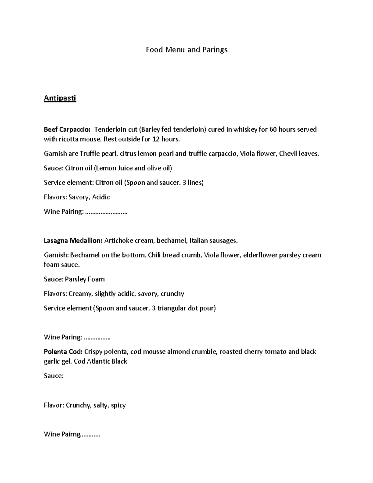 Food Menu and Pairings Script: Culinary Delights and Wine Suggestions ...