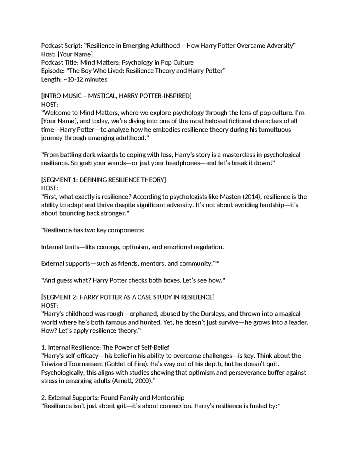Podcast Script: PSY 101 - Resilience Theory in Harry Potter's Journey ...