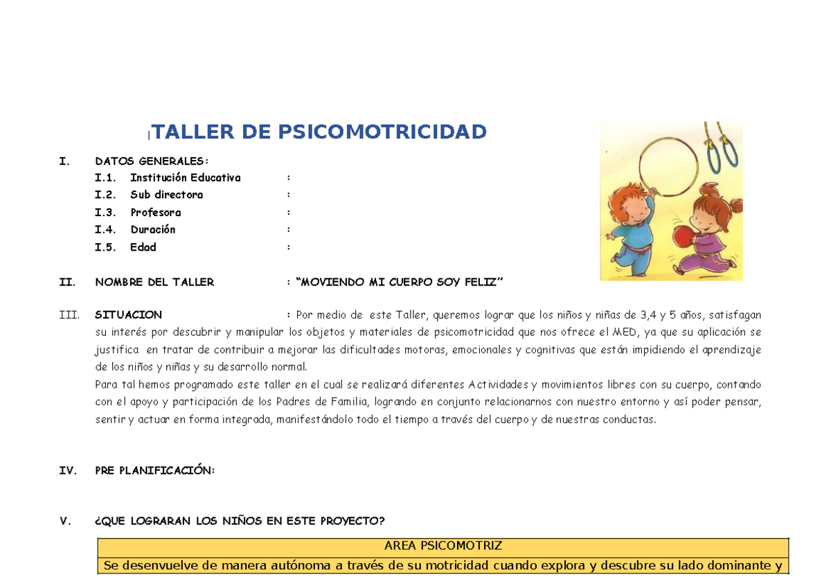 TALLER DE PSICOMOTRICIDAD I: DESARROLLO Y ACTIVIDADES PARA NIÑOS - Studocu