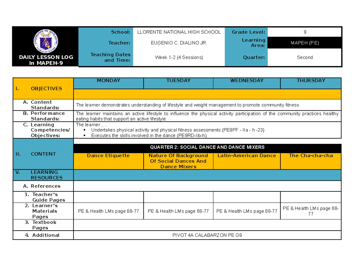 MAPEH 9 Daily Lesson Log Q1, Week 1 (July-Aug 2024) - Studocu