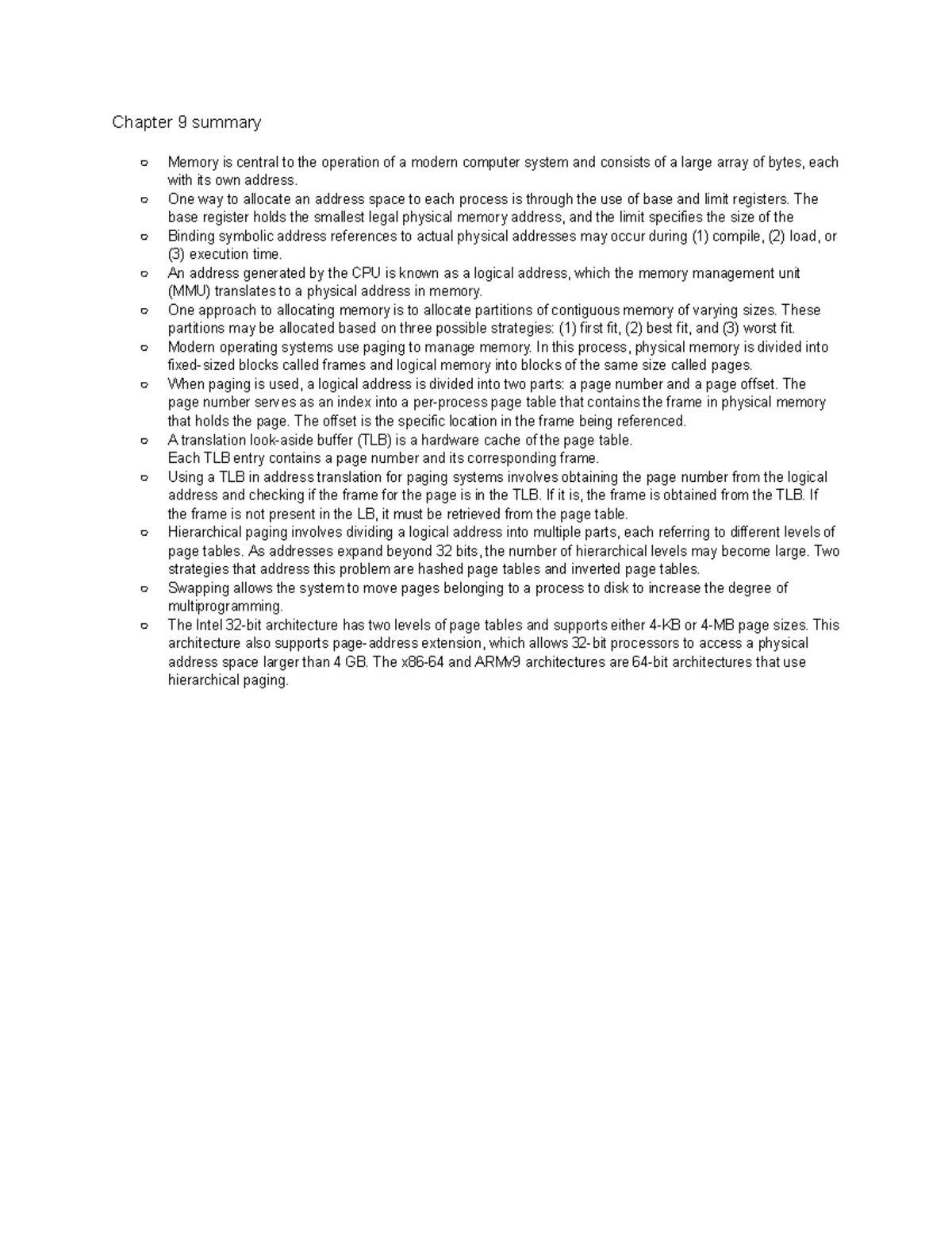 Final Exam Review: Chapter 9 - Memory Management in CS - Studocu