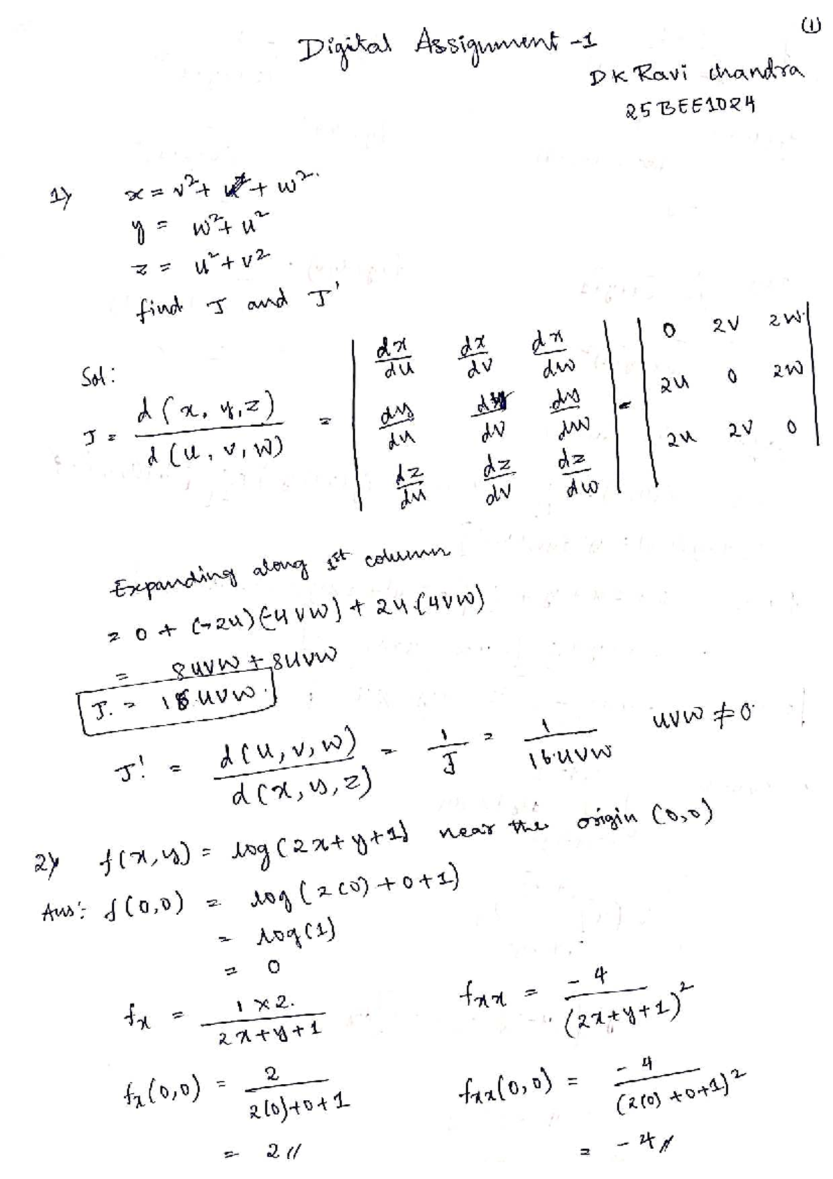 Digital Assignment 1 - 25BEE1024: Multivariable Calculus Solutions ...