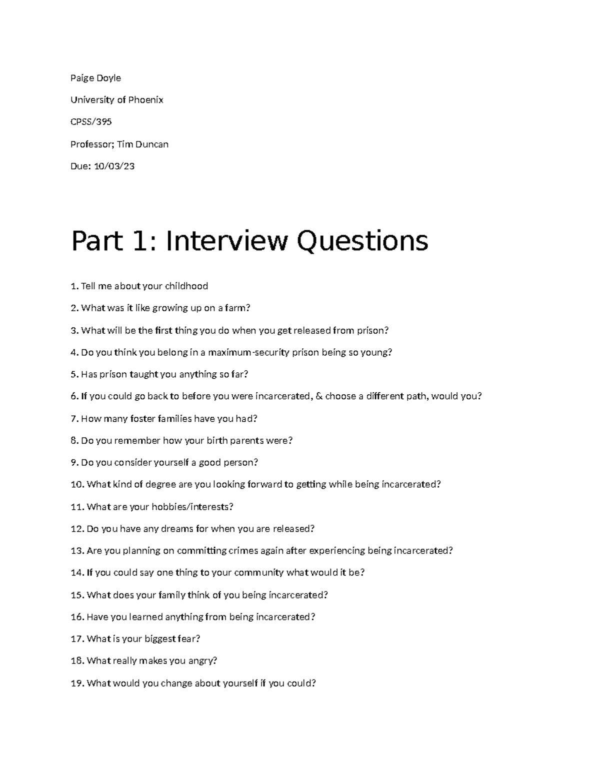 Paige Doyle's Week 3 Assessment: Key Interview Questions - CPSS 395 ...