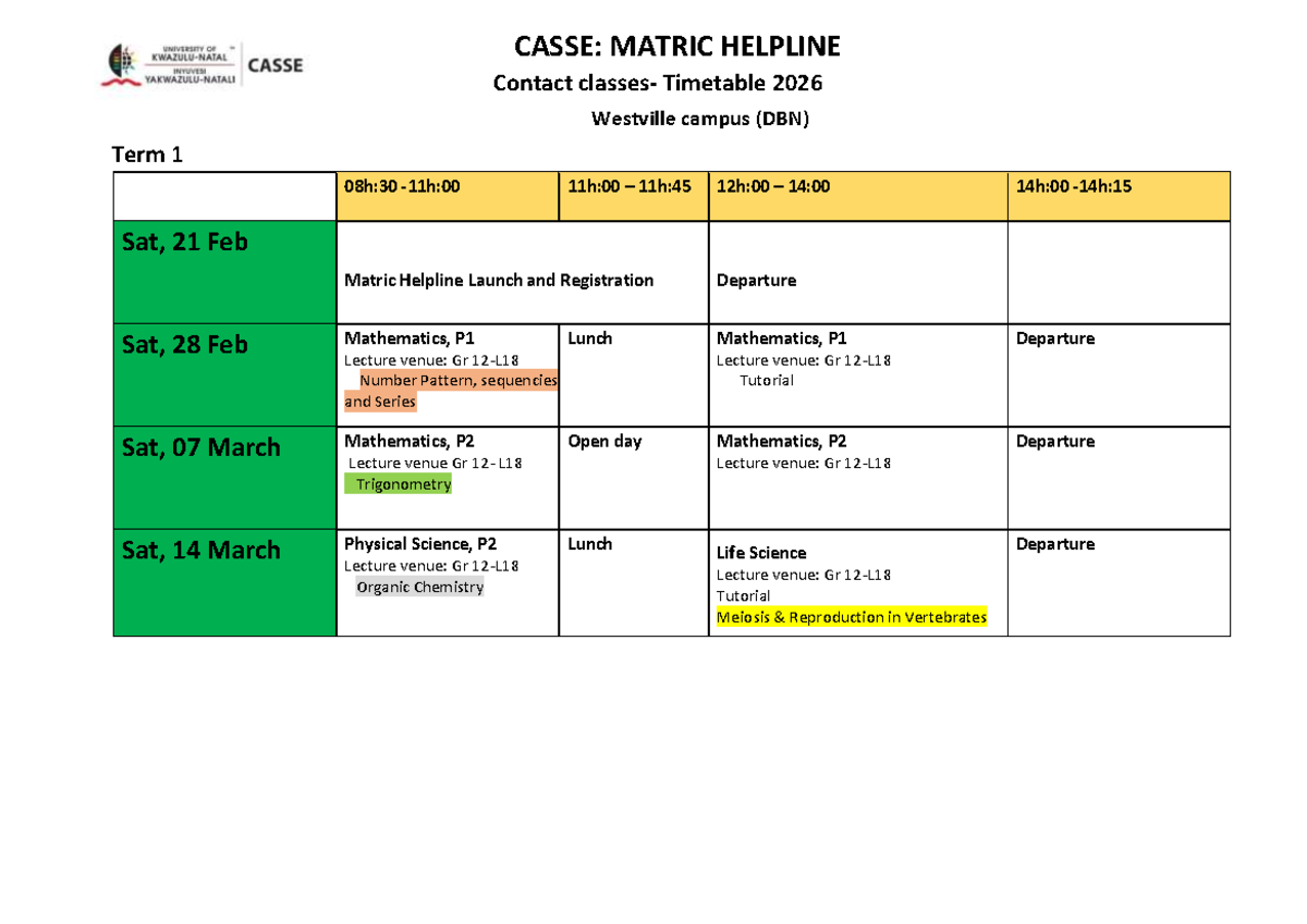 CASSE: Matric Helpline Timetable & Registration 2026 - Studocu