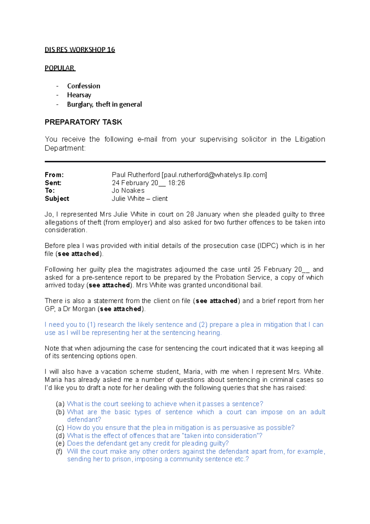 DIS RES Workshop 16: Plea in Mitigation and Sentencing Guidelines - Studocu