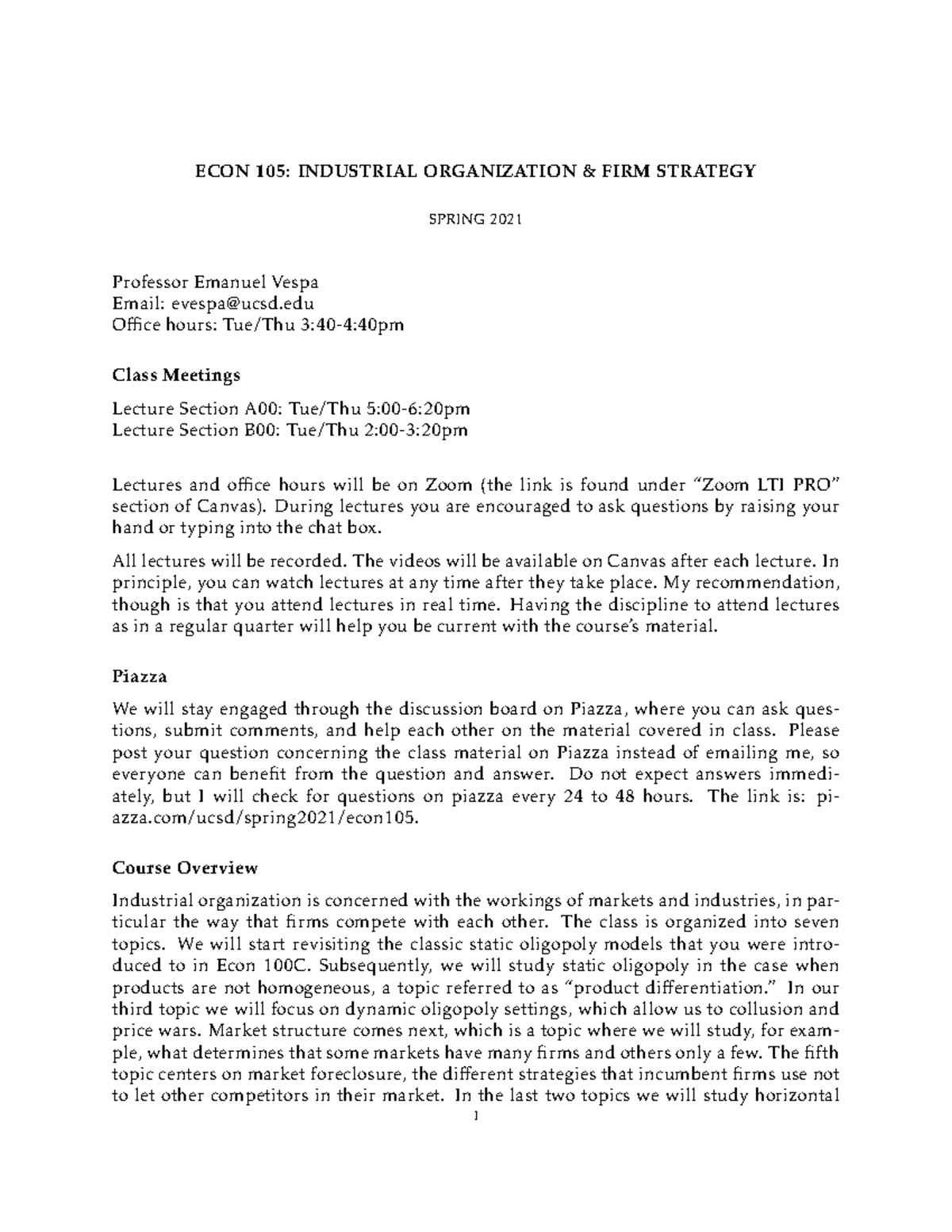 ECON 105: Industrial Organization Course Overview & Lecture Notes