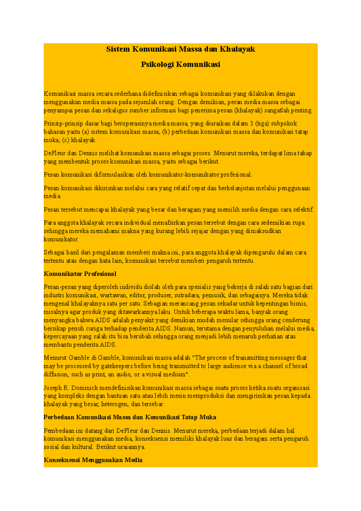 Sistem Komunikasi Massa dan Psikologi Khalayak dalam Komunikasi - Document Preview