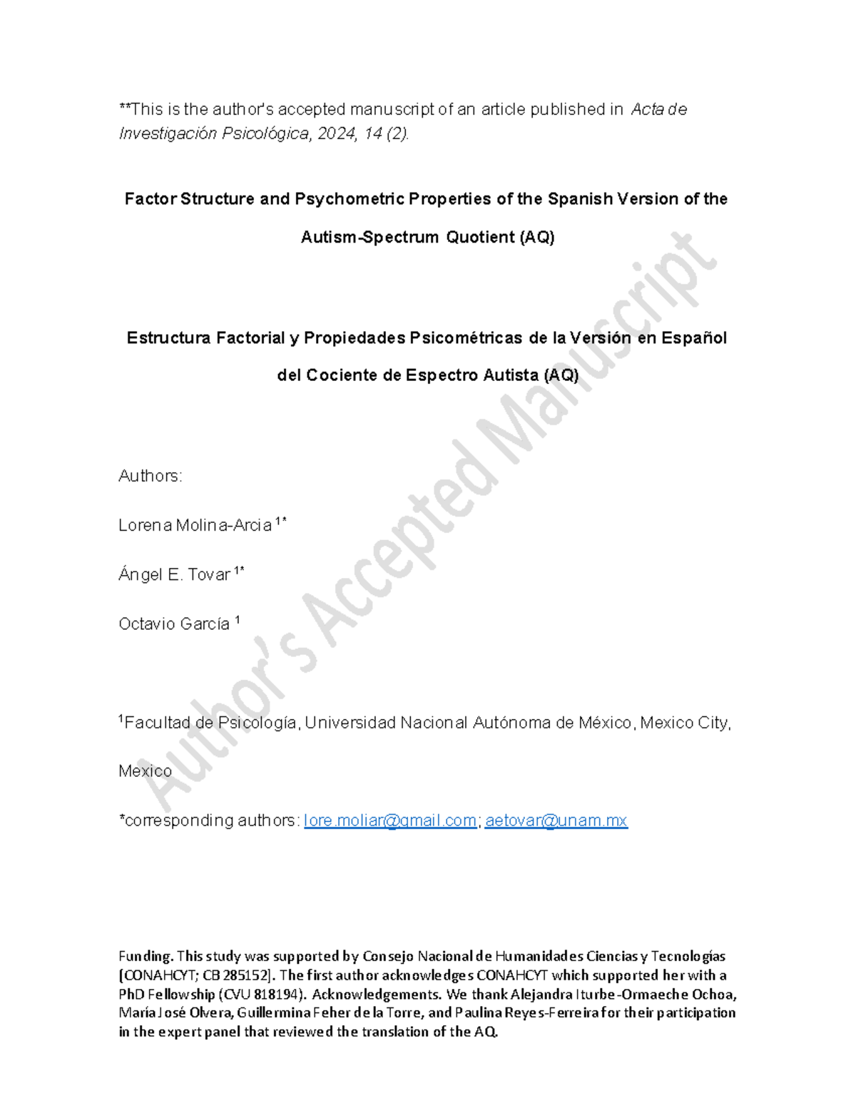 Factor Structure and Psychometric Properties of the Spanish AQ (2024 ...