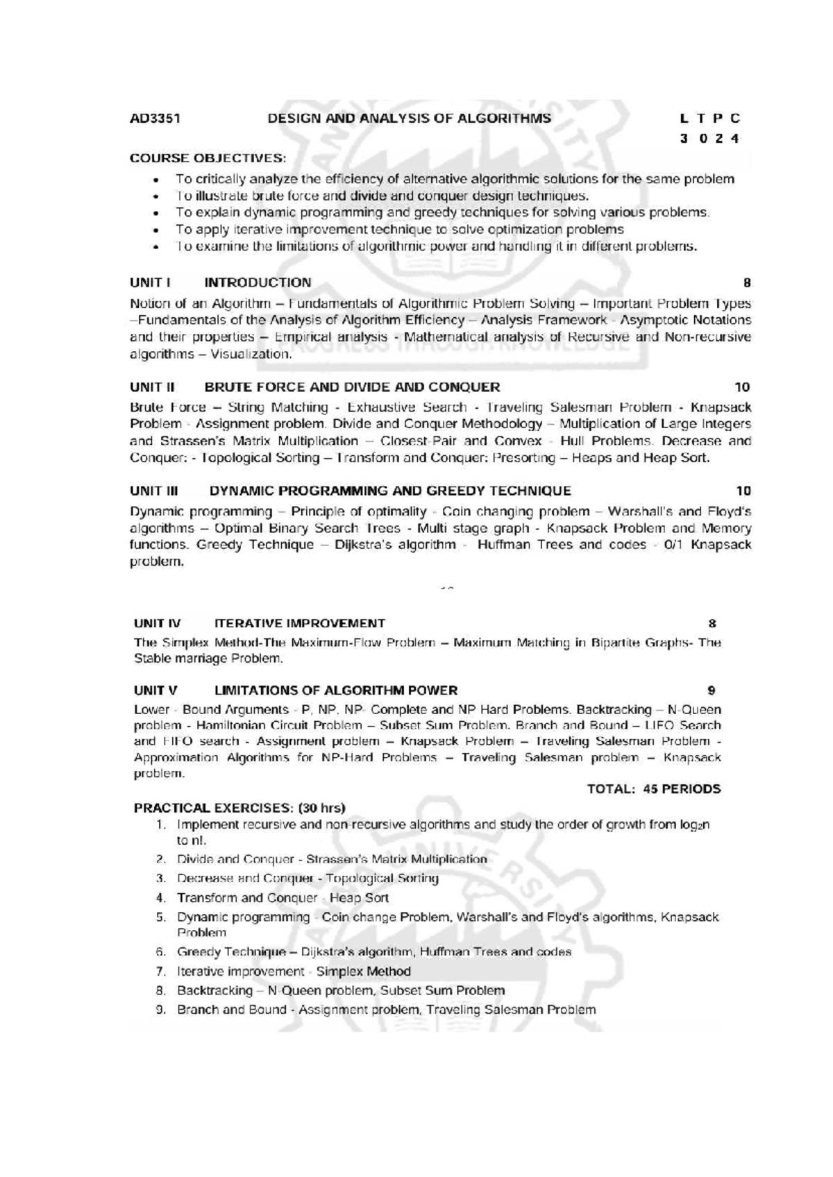 AD3351 DESIGN AND ANALYSIS OF ALGORITHMS SYLLABUS - Studocu