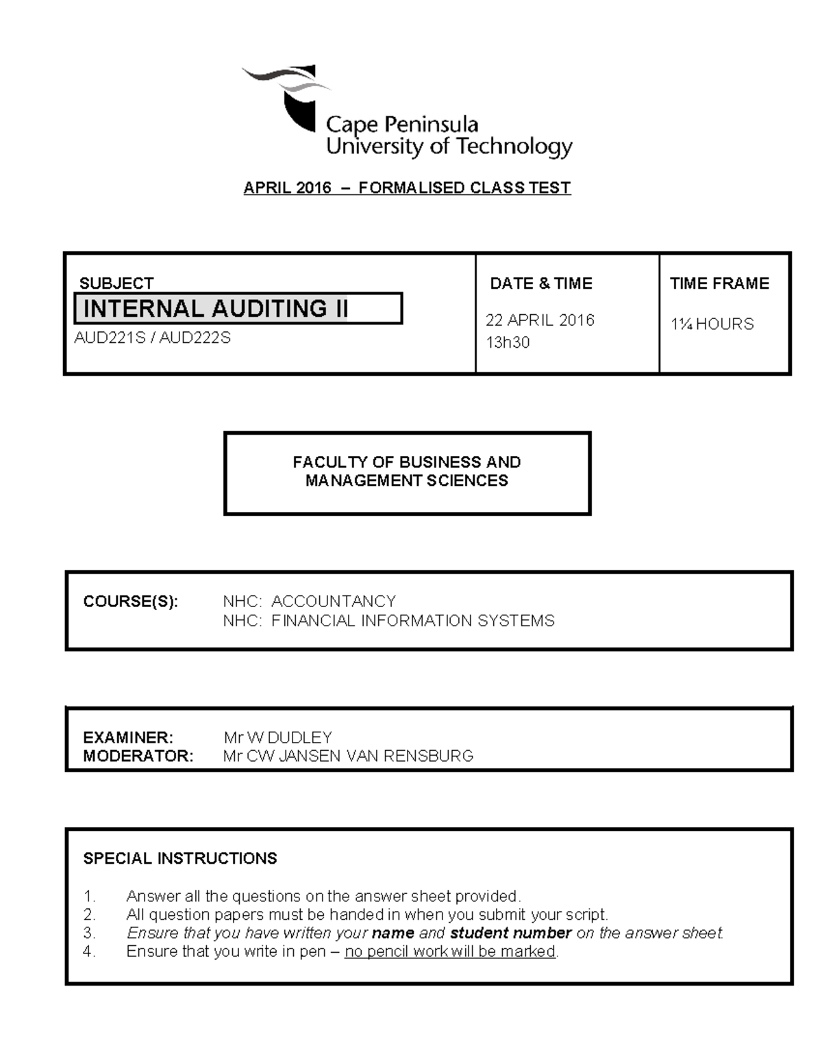 IA2 AUD221S/AUD222S Formalised Class Test - 22 April 2016 - Studocu