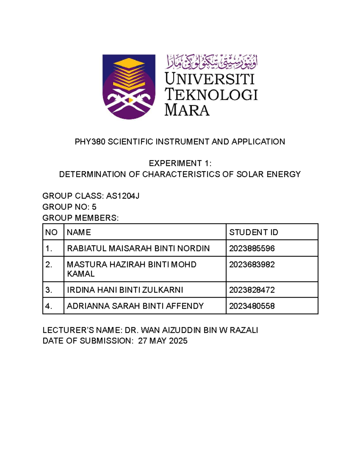 LAB Report on Solar Energy Characteristics - PHY380 Experiment 1 - Studocu