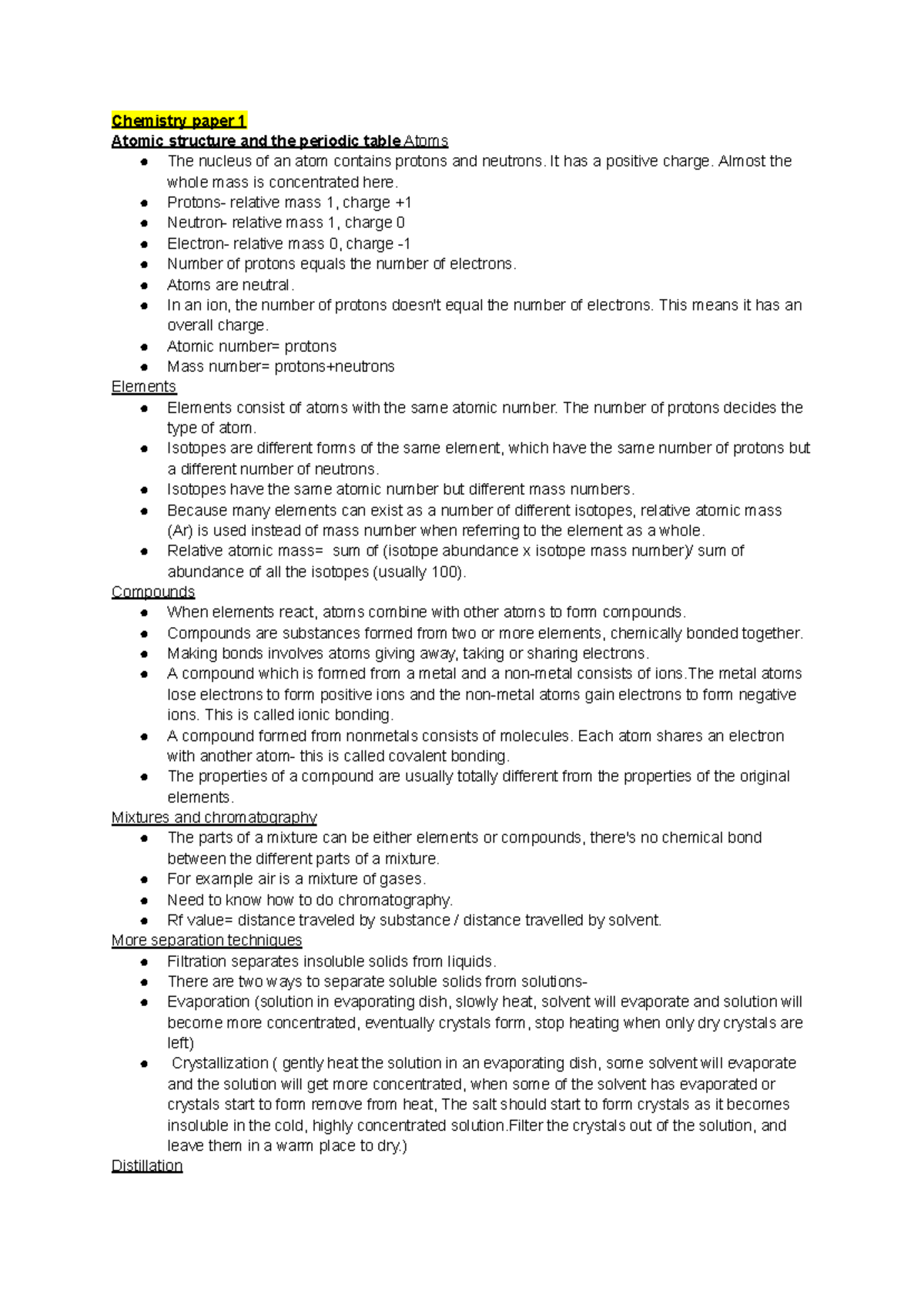 Chemistry Paper 1 - Atomic Structure & Periodic Table Notes (AQA) - Studocu