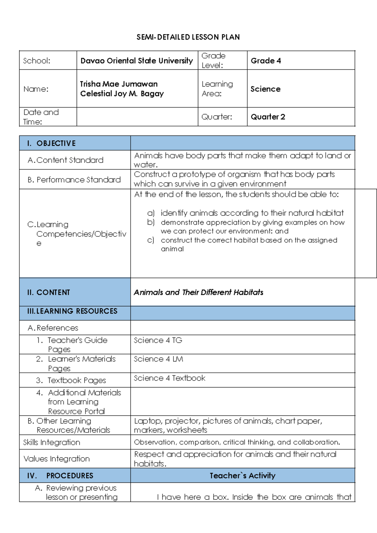Grade 4 Science Lesson Plan: Animals and Their Habitats (Q2) - Studocu