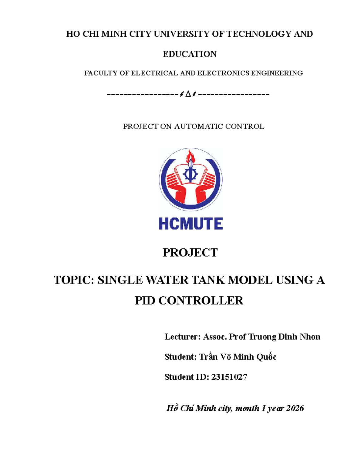 PID Control of Single Water Tank Model - Project Report (EE 2026) - Studocu
