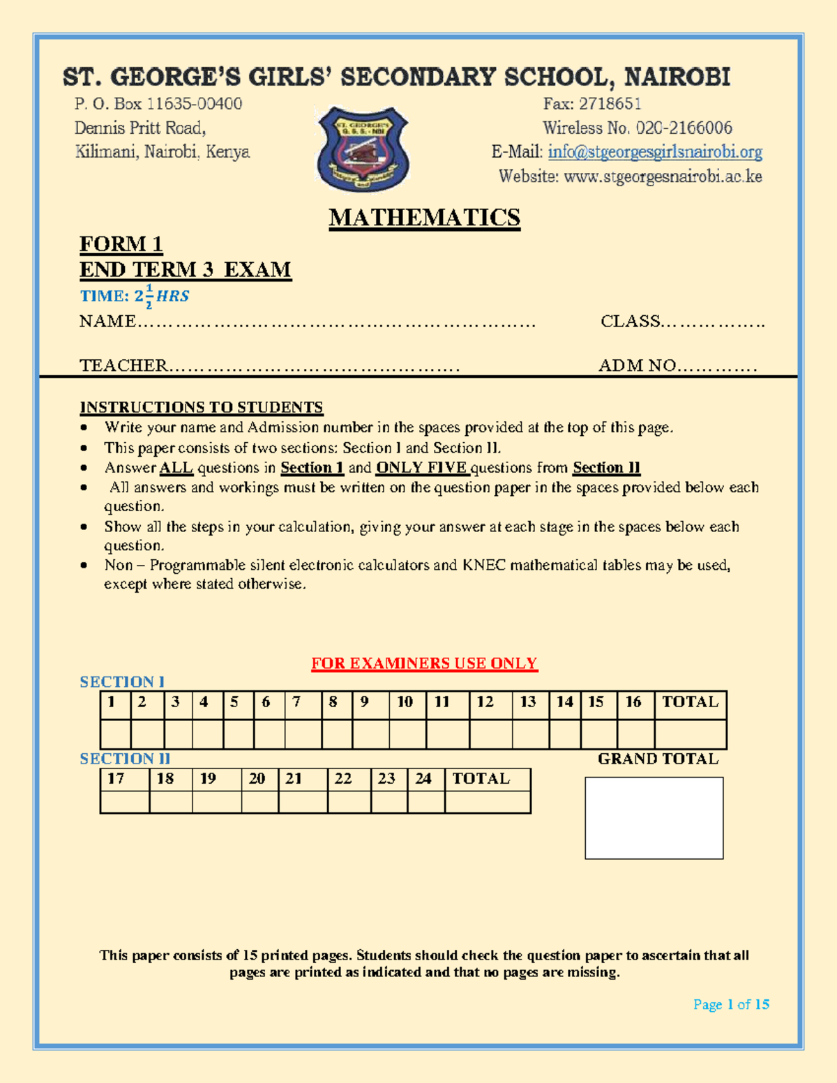 MATHEMATICS FORM 1 END TERM 3 EXAM 2023 - Studocu