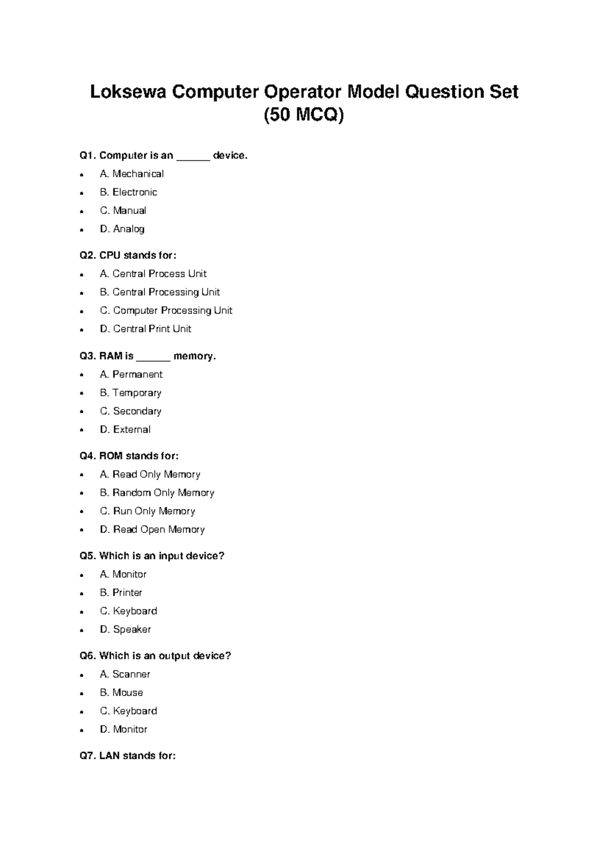 Loksewa Computer Operator Model Question Set (50 MCQs) - Studocu