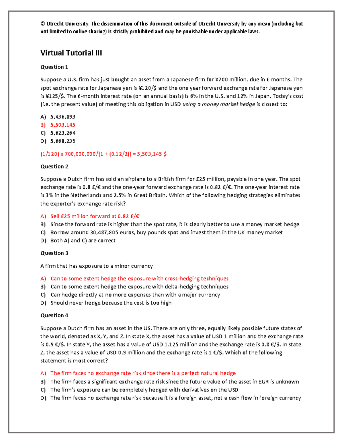 Virtual Tutorial III Solutions: Exchange Rate Risk Analysis - Studeersnel