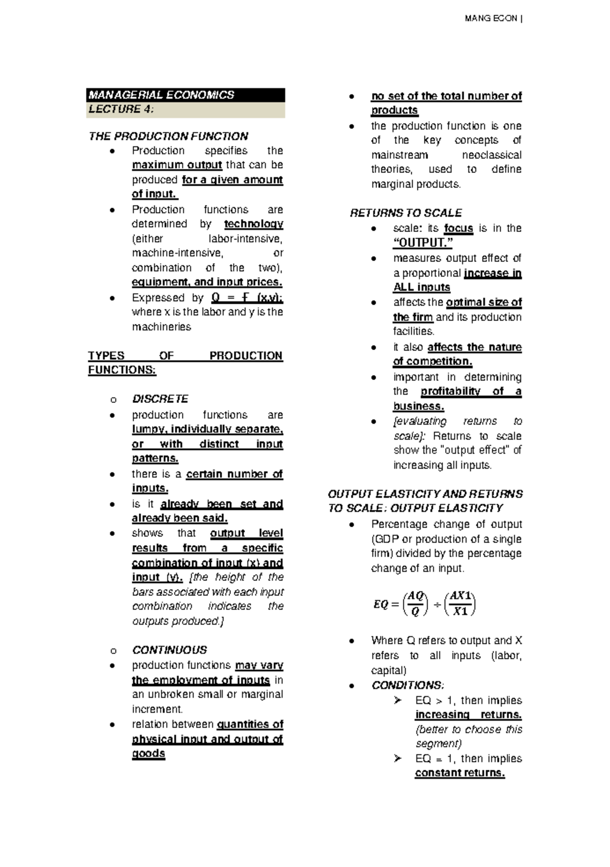 Managerial Economics (MANG ECON) Midterm Study Notes - Part 1 - Studocu