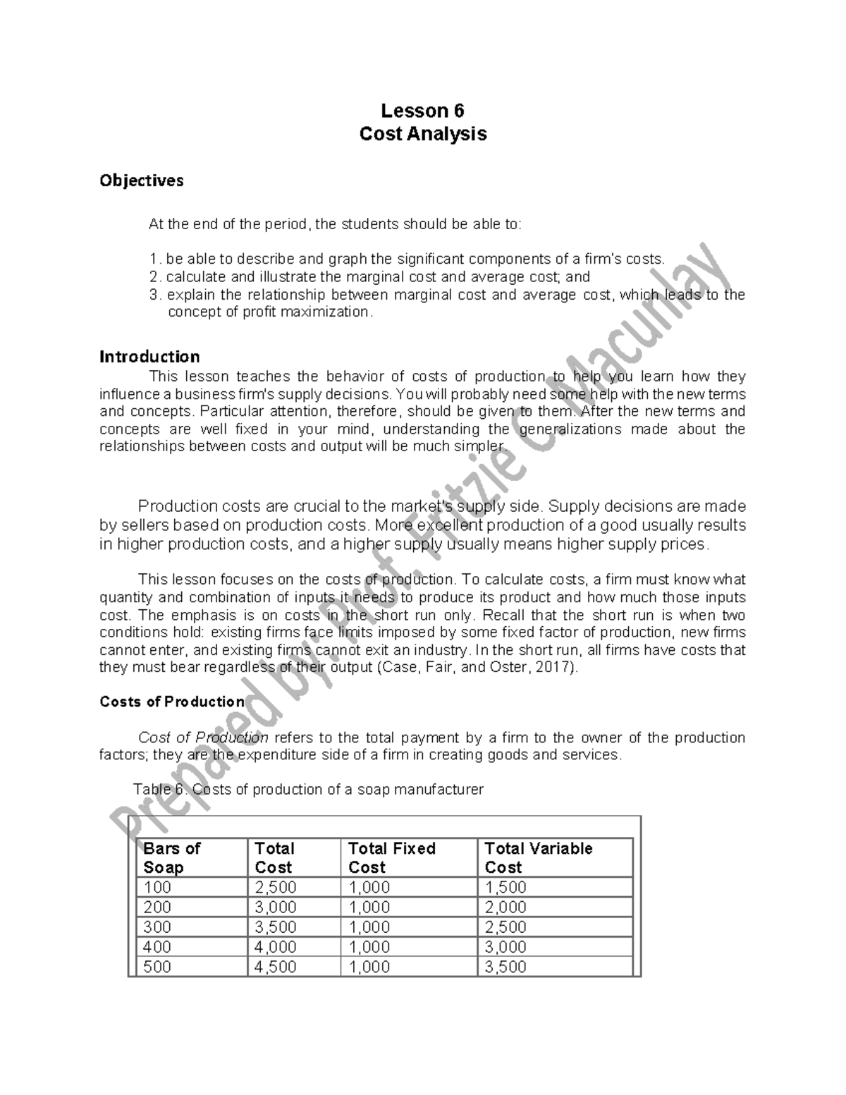 Lesson 6: Cost Analysis and Profit Maximization Concepts - Studocu