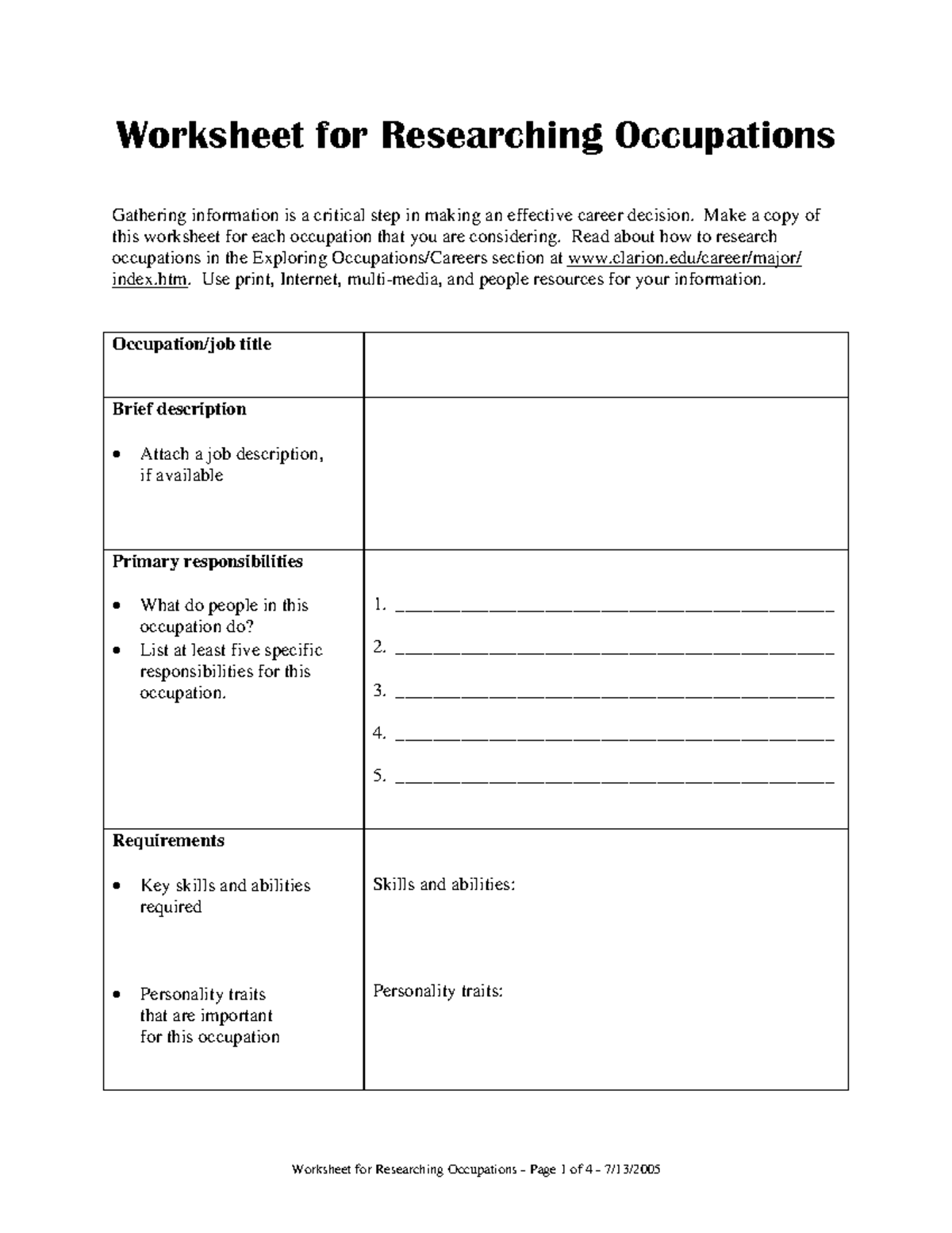 Worksheet for Researching Occupations and Career Choices - Studocu