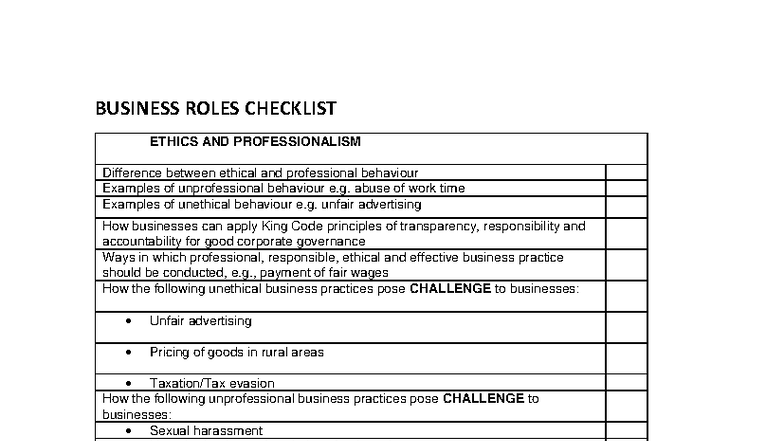 Business Roles Checklist: Ethics, CSR, and Problem Solving 063556 - Studocu